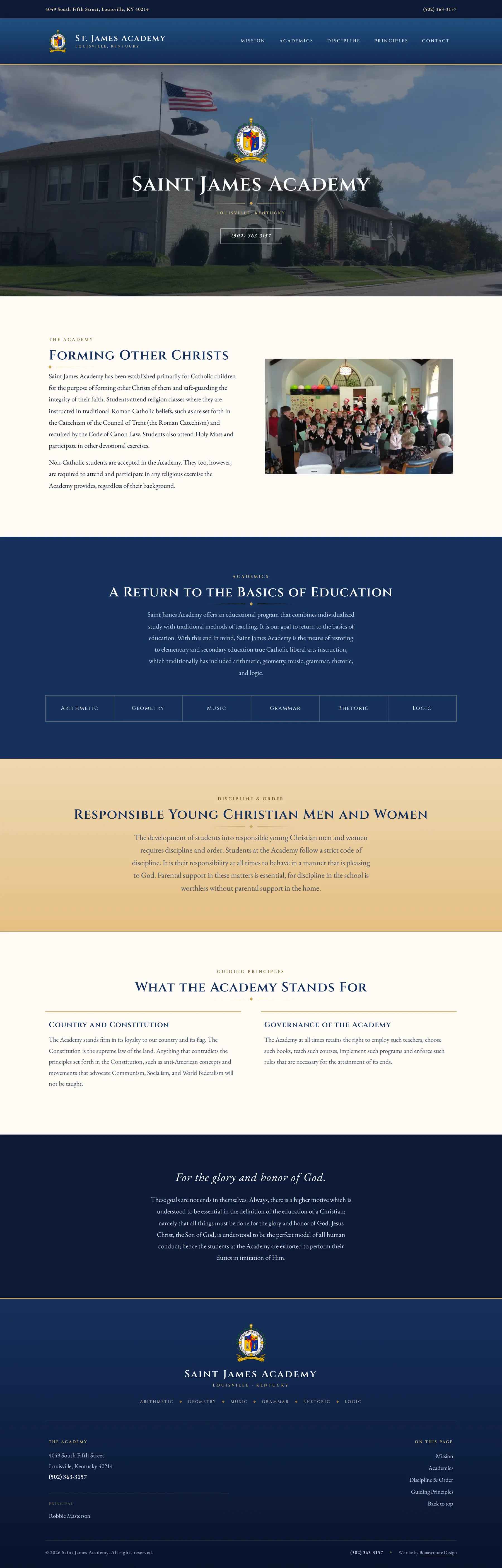 St. James Academy website, full page on a desktop