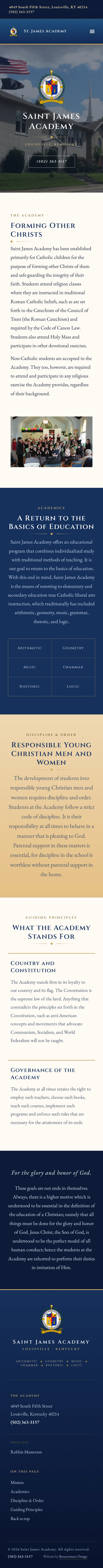 St. James Academy website, full page on a phone